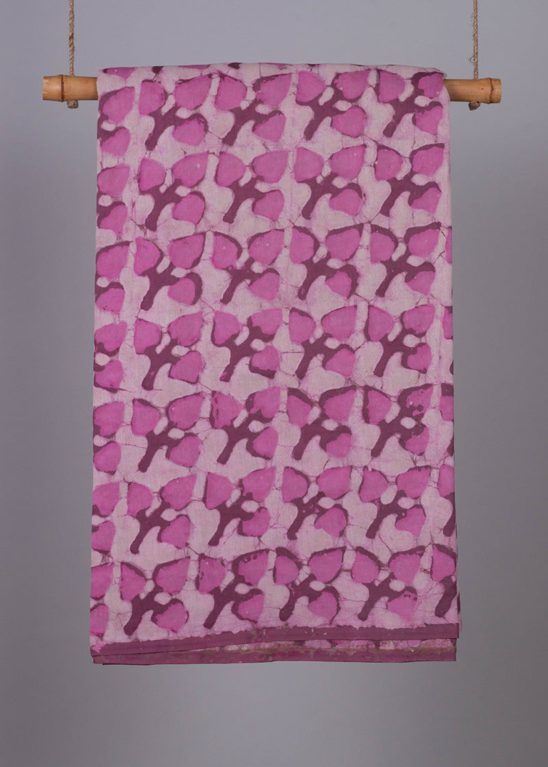 Three Leaves Taffy Pink Hand Block Printed Chanderi Fabric