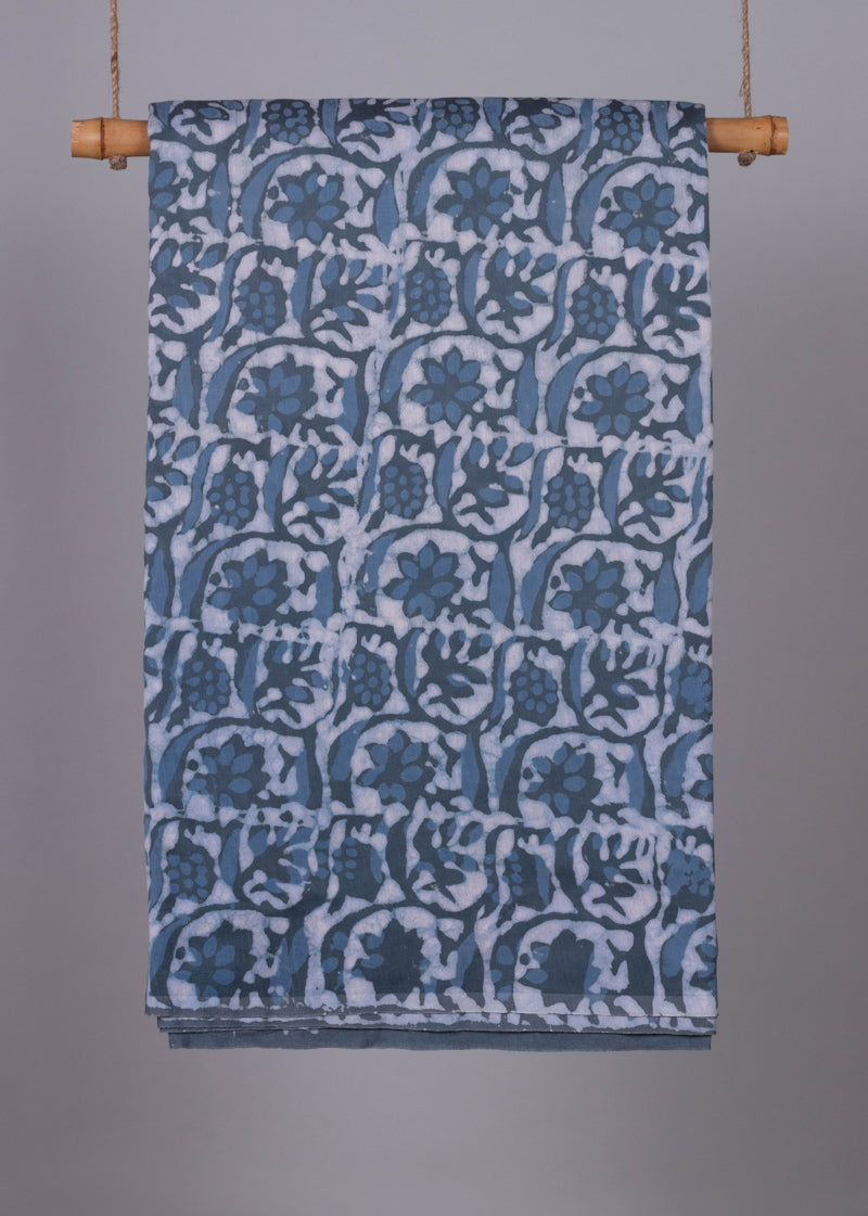 Twisting And Twirling Cobalt Blue Hand Block Printed Chanderi Fabric