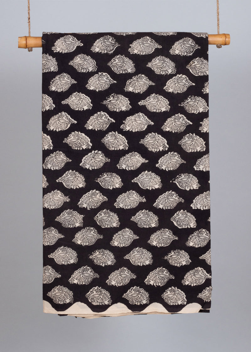 Foreign Foliage Black Cotton Hand Block Printed Fabric (3.00 Meter)