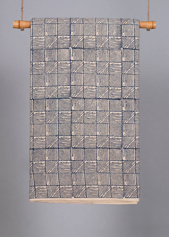 Hashed Lines Grid Indigo Blue  Cotton Hand Block Printed Fabric