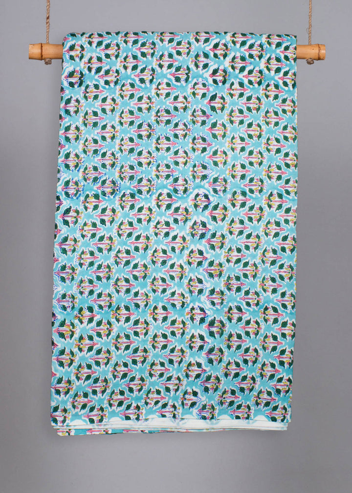 Coastal Light Cyan Cotton Hand Block Printed Fabric