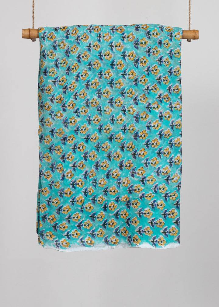 Daisies Aqua Georgette Hand Block Printed Fabric