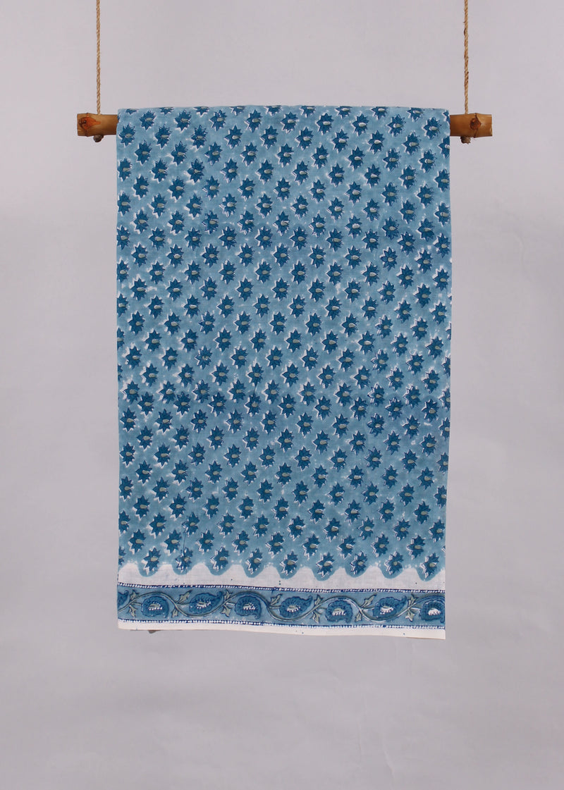 Ocean Blue Flora Cotton Mulmul Hand Block Printed Fabric
