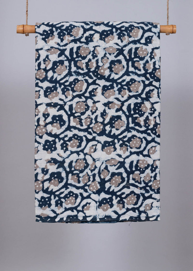 Floral Grove  Prussian Blue and Grey  Hand Block Printed Cotton Mulmul Fabric (3.80 Meter)