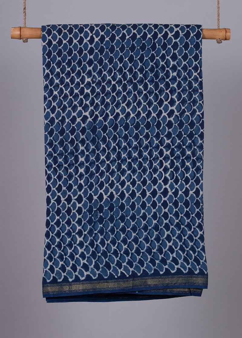 Chanderi Matsya Jaal Indigo Hand Block Printed Fabric (2.00 Meter)