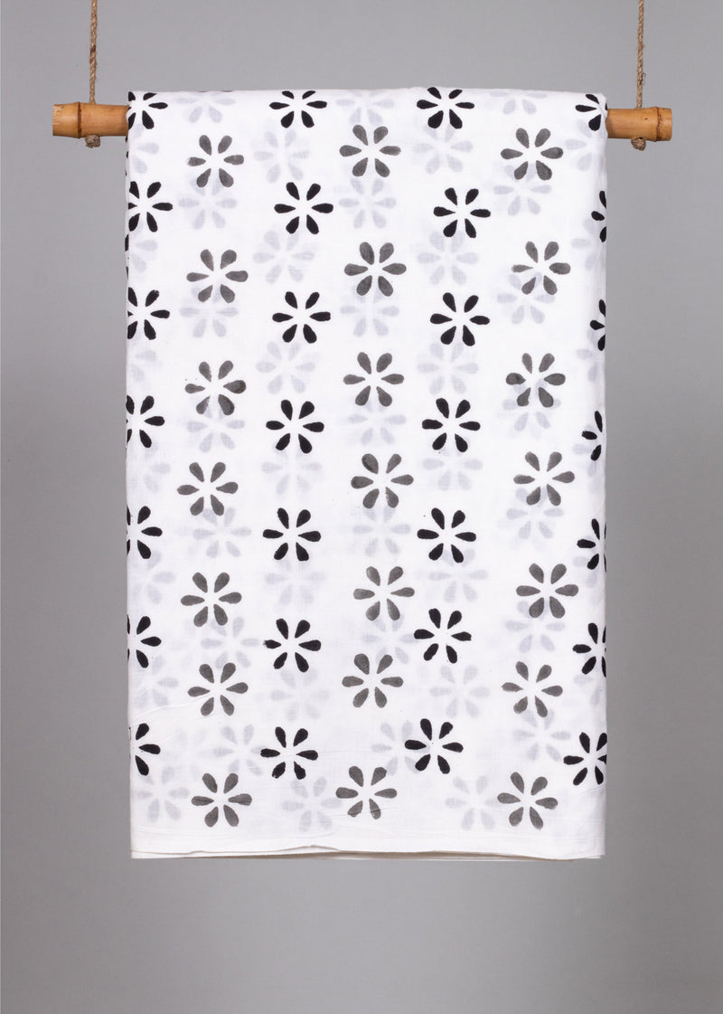 Daisies in the Daylight  Grey and Black  Cotton Hand Block Printed Fabric (1.00 Meter)