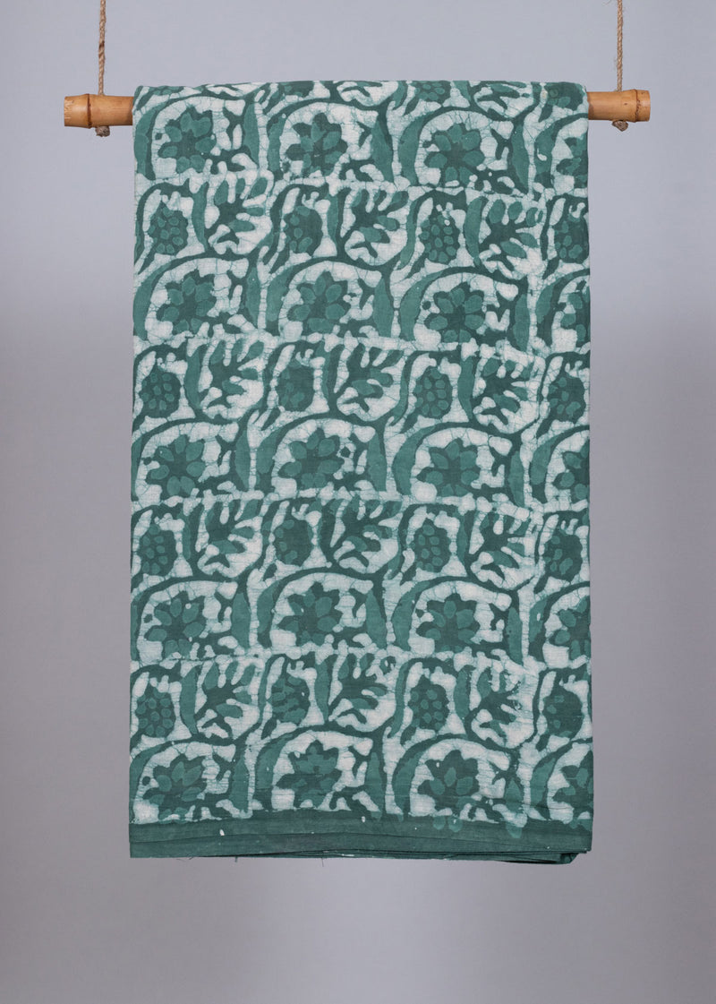 Dance of flowers Muted Green Hand Block Printed Cotton Mulmul Fabric