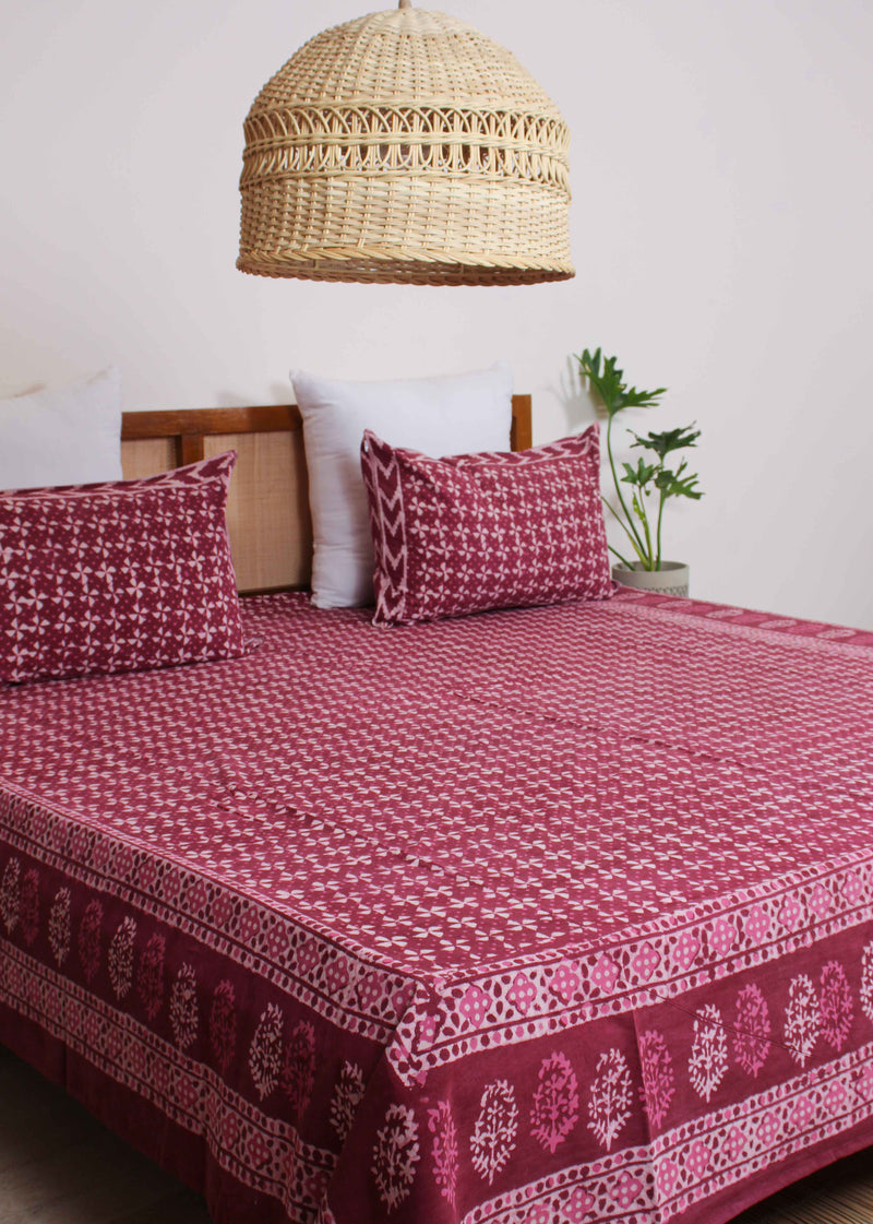 Meadowy Magenta Melodies  Cotton Hand Block Printed Bed Linens