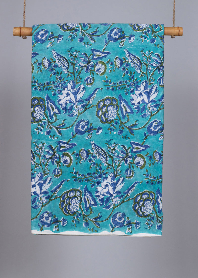 A summer garden Aqua Blue Cotton Mulmul Hand Block Printed Fabric (2.00 Meter)