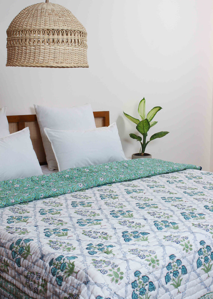 Teal Tomorrow Cotton Hand Block Printed Bed Quilt