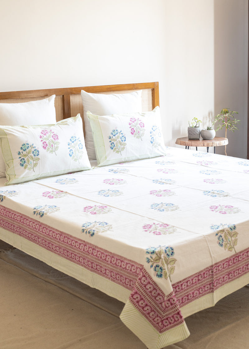 Floral Trinity Block Printed Cotton Bedsheet