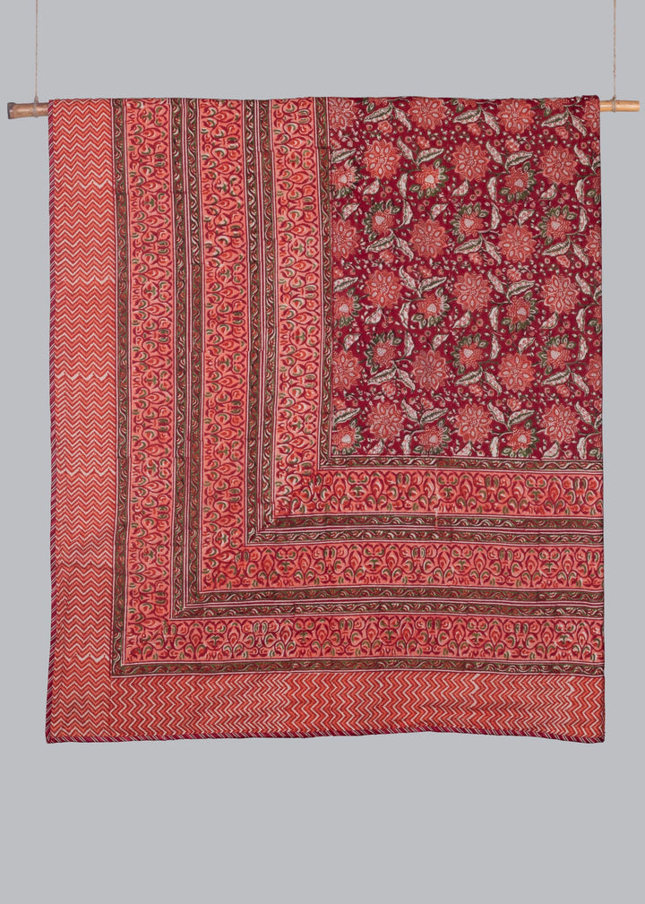 Geranium Red Hand Block Printed Reversible Cotton Dohar