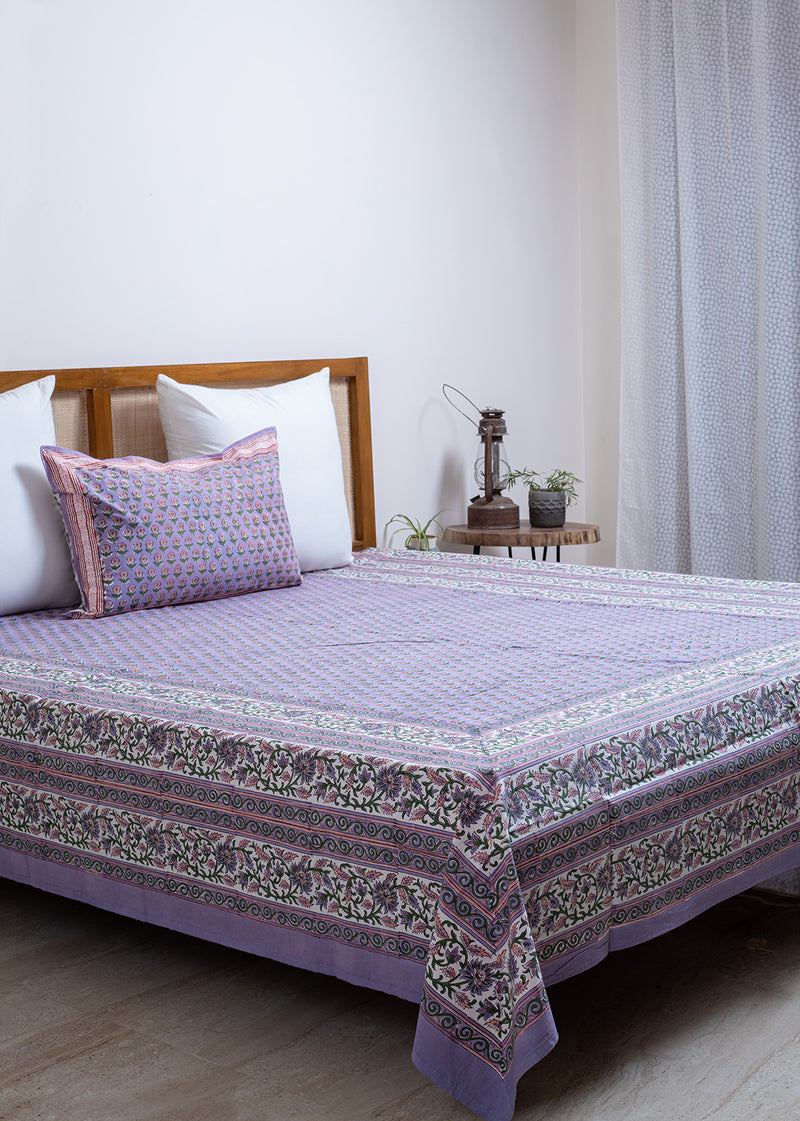 Blueberry Lines Hand Block Printed Cotton Bedsheet