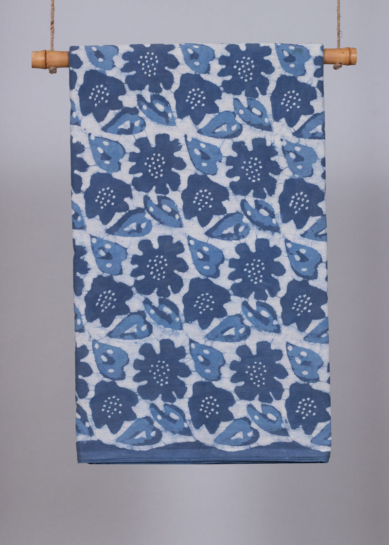 Illusory Autumns Cobalt Blue and Dark Blue Hand Block Printed Cotton Mulmul Fabric (2.00 Meter)