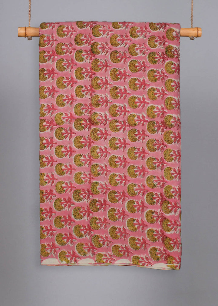 Marigold Prairies Pink Cotton Hand Block Printed Fabric