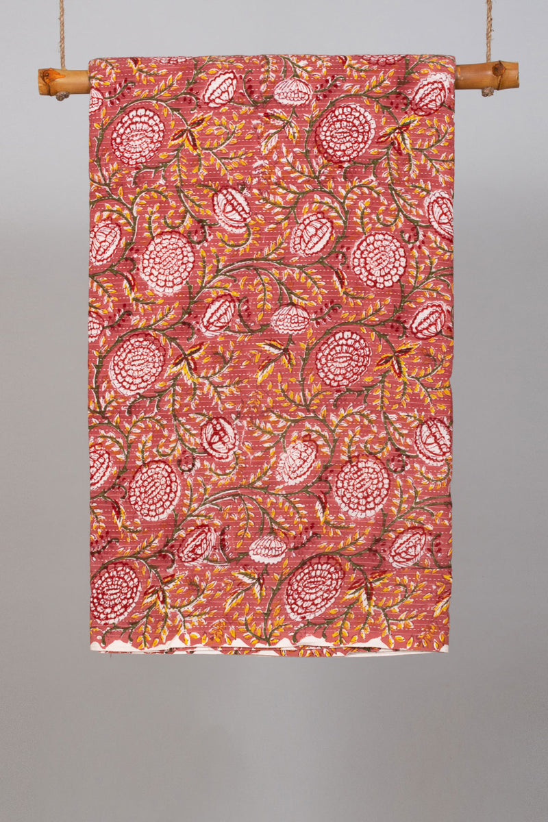 Sanguine Red Cotton Hand Block Printed Kantha Fabric