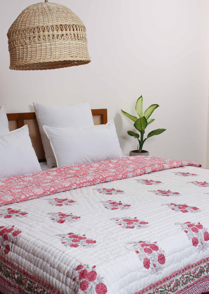 Blush Morning Cotton Hand Block Printed Bed Quilt