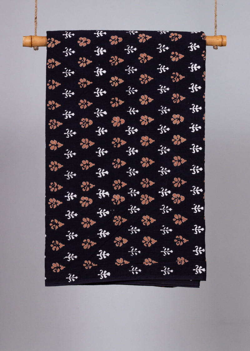A Splatter of Flowers Brown and Black Cotton Hand Block Printed Fabric