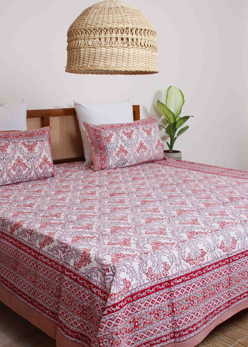 Town Road Bloom White Cotton Hand Block Printed Bed Linens