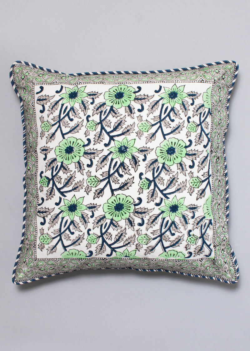 Mint Bouquet Hand Block Printed Cushion Cover