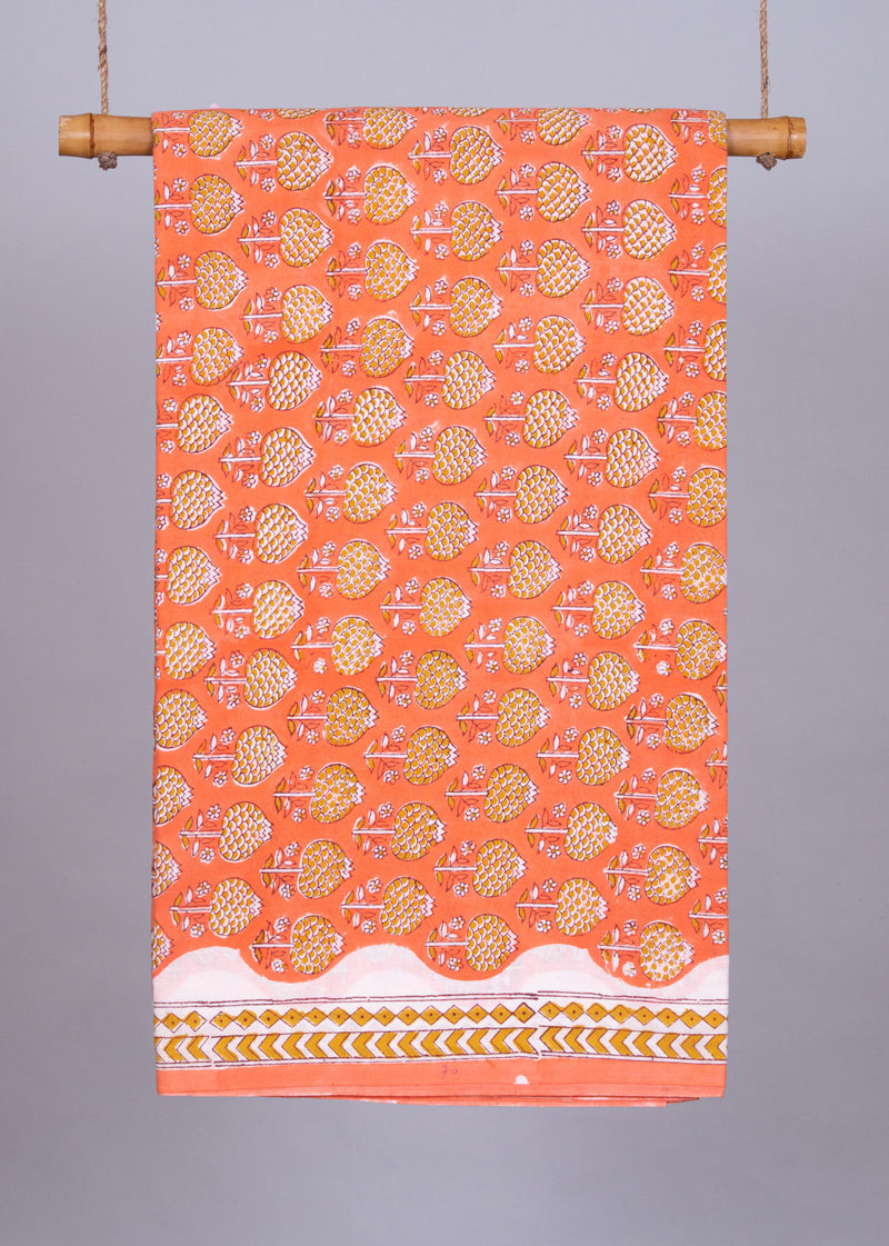 Tangerine Honey Cotton Hand Block Printed Fabric (3.00 Meter)