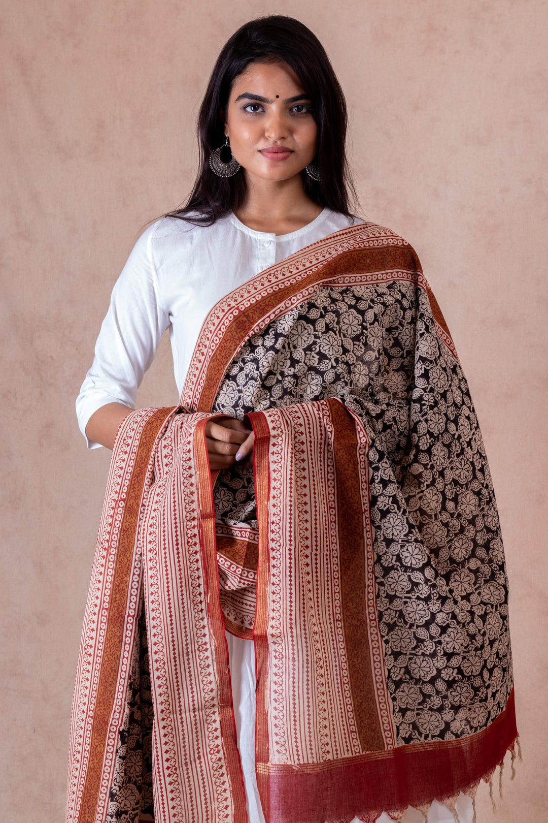 Arlene Black Handloom Cotton Hand Block Printed Zari Border Dupatta