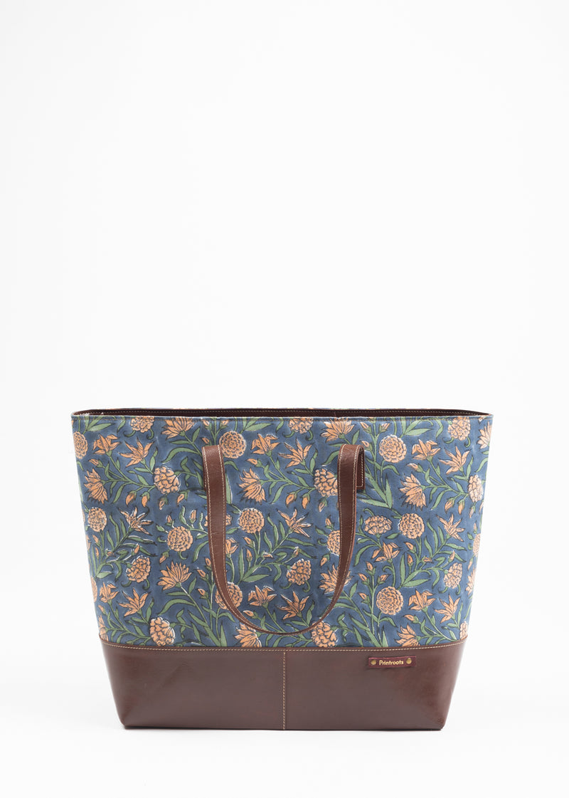 Midnight Blush Hand Block Printed Leather Tote Bag