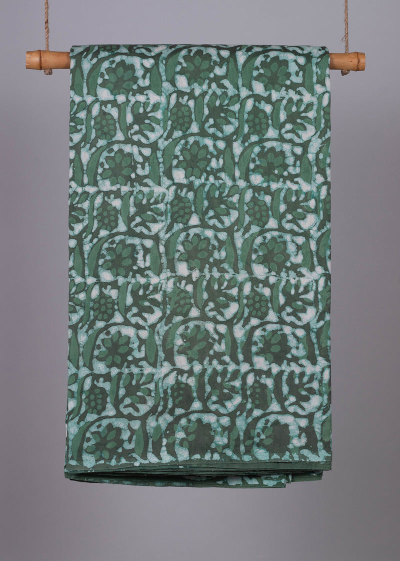 Twisting And Twirling Emerald Green Hand Block Printed Chanderi Fabric