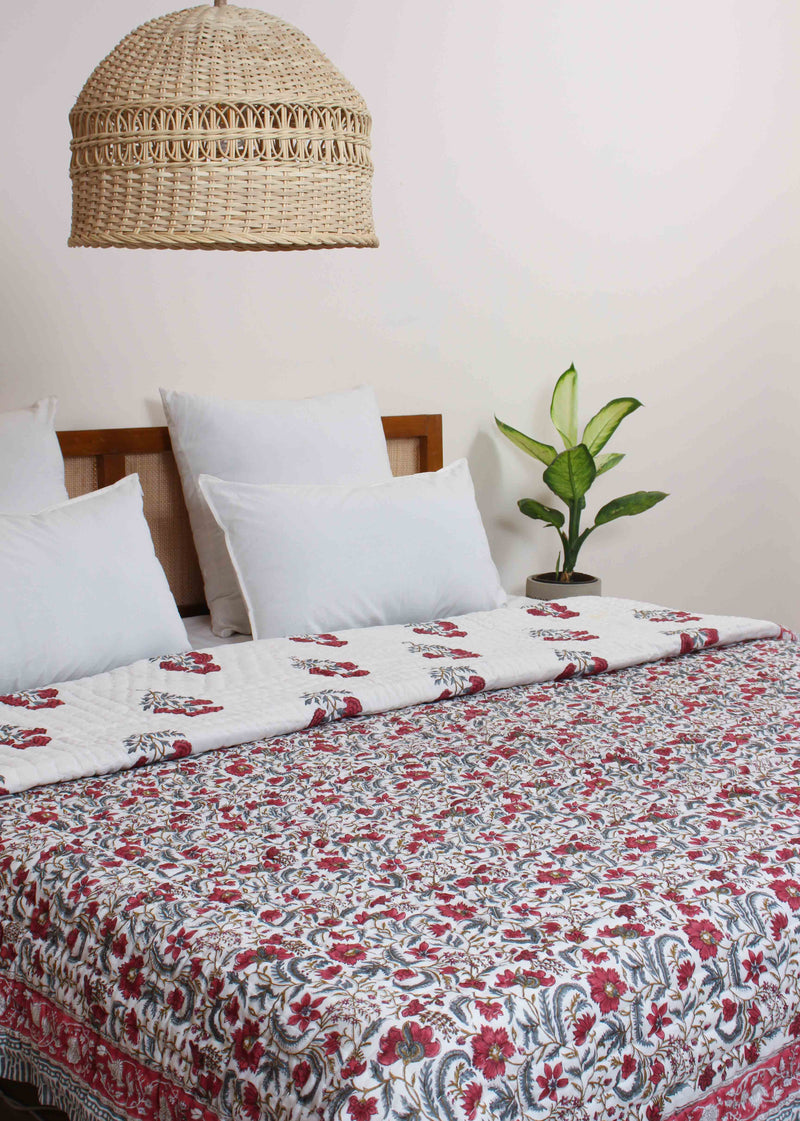 Crimson Highs Hand Block Printed Cotton Bed Quilt