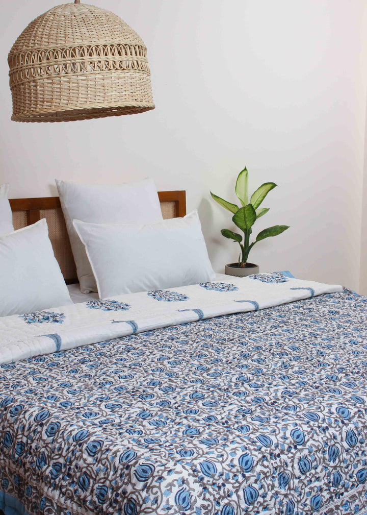 Farmhouse Blue Cotton Hand Block Printed Bed Quilt