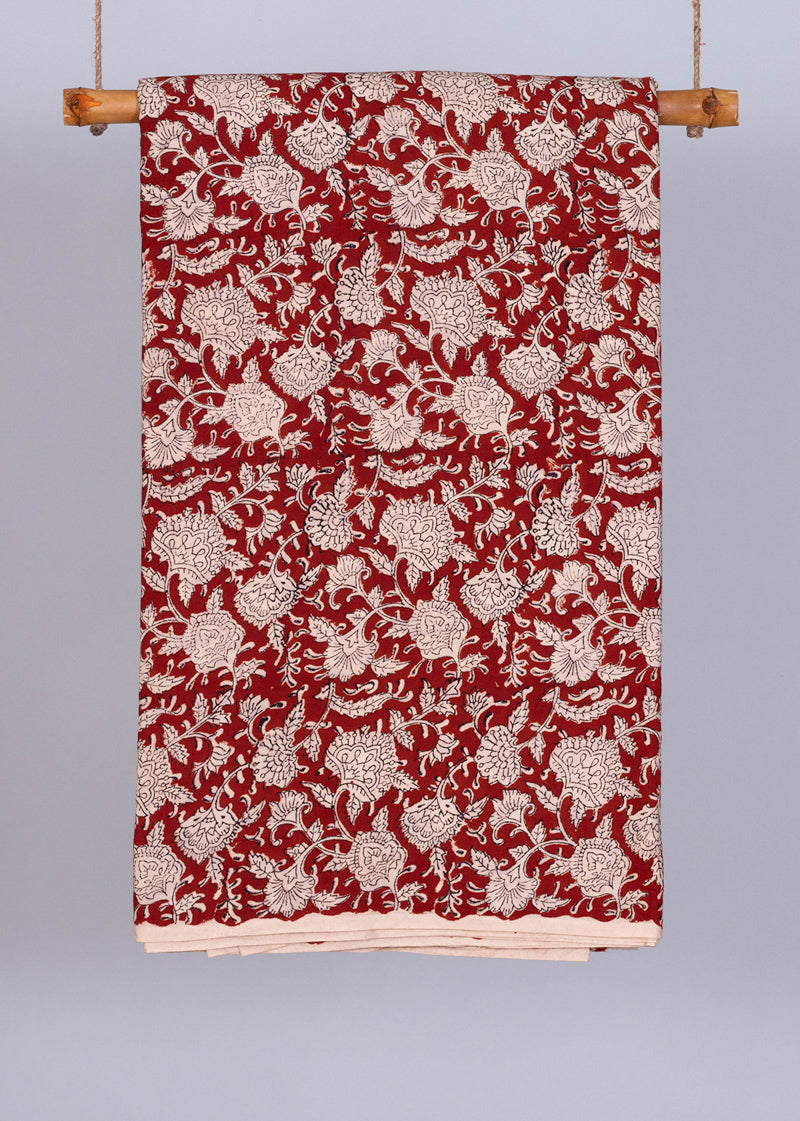 Chrysanthemum Carmine Cotton Hand Block Printed Fabric