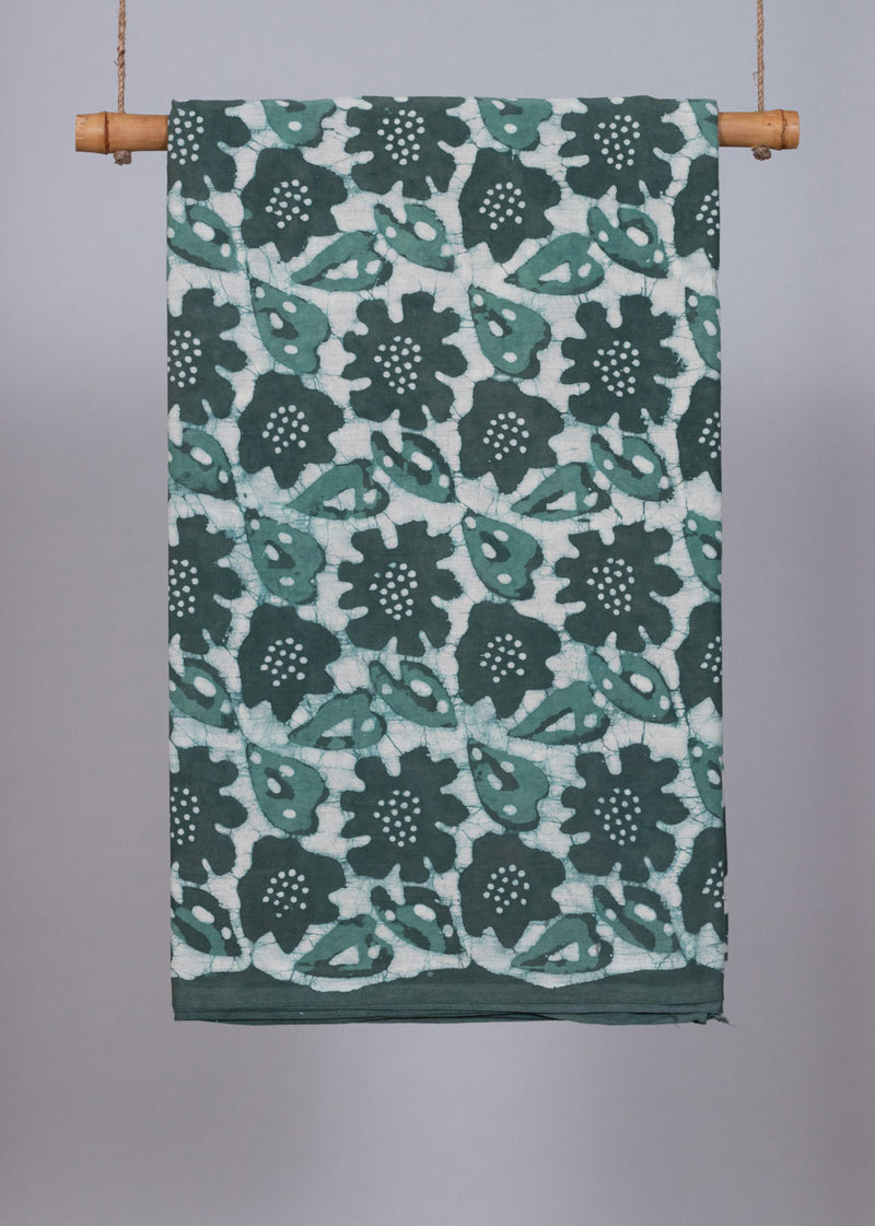 Illusory Autumns Muted Green Hand Block Printed Cotton Mulmul Fabric (1.00 Meter)