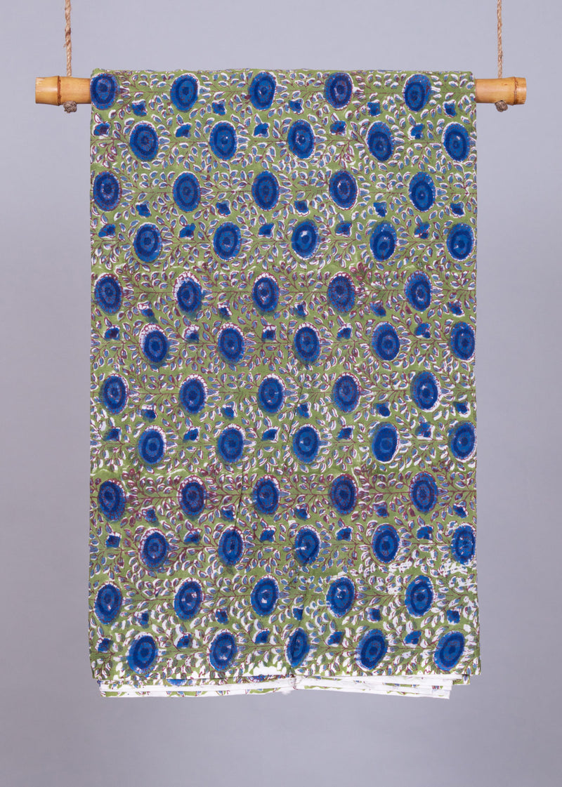 "     Sun Bloom Olive Mulmul Hand Block Printed Fabric " (2.70 Meter)