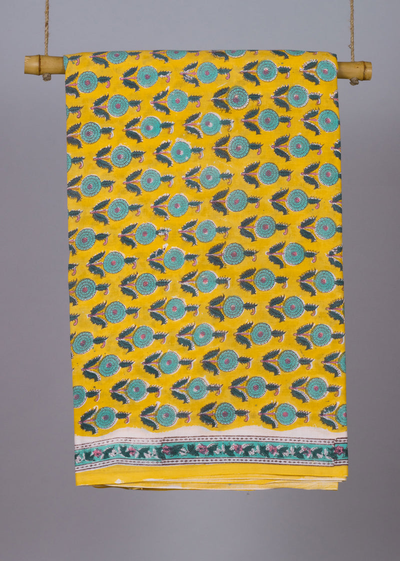 Cardinal Jazz Yellow Cotton Hand Block Printed Fabric (1.50 Meter)