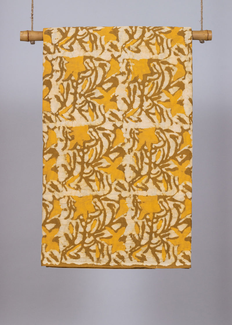 Illusory Flower Garden Mustard Hand Block Printed Cotton Mulmul Fabric (1.00 Meter)