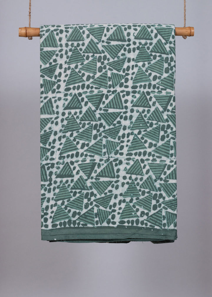 Illusory Triangles Muted Green Hand Block Printed Cotton Mulmul Fabric