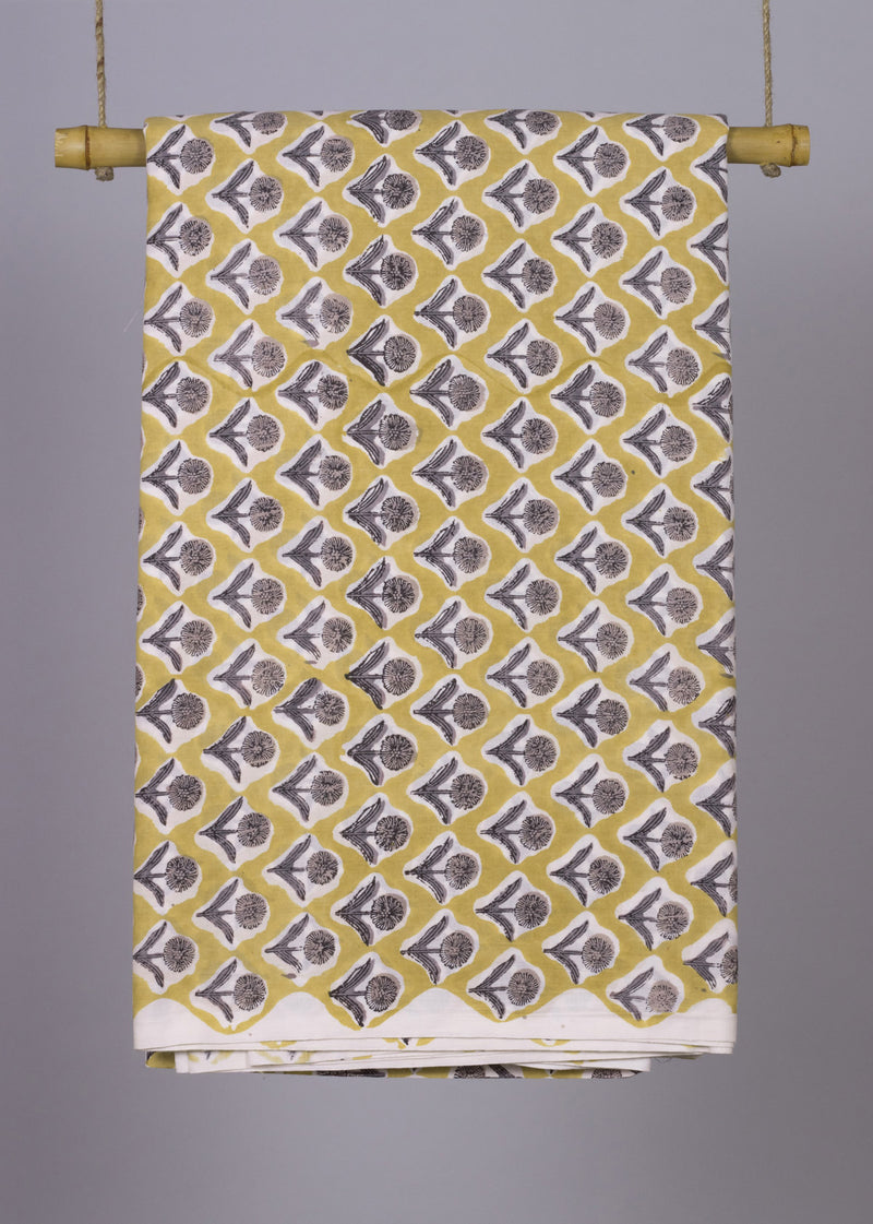 Wildings Yellow Cotton Hand Block Printed Fabric (2.00 Meter)