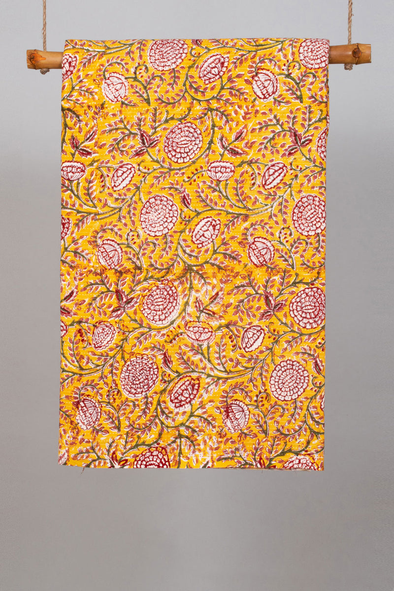 Sanguine Yellow Cotton Hand Block Printed Kantha Fabric