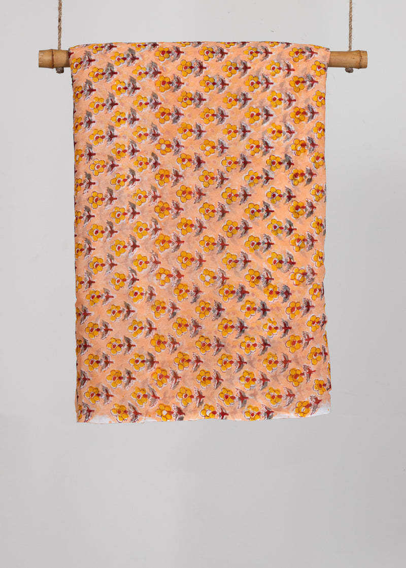 Daisies Peach Georgette Hand Block Printed Fabric (3.50 Meter)