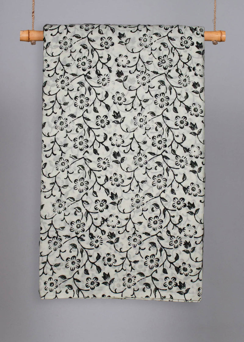 Fallen Daisies White Cotton Hand Block Printed Fabric (4.50 Meter)