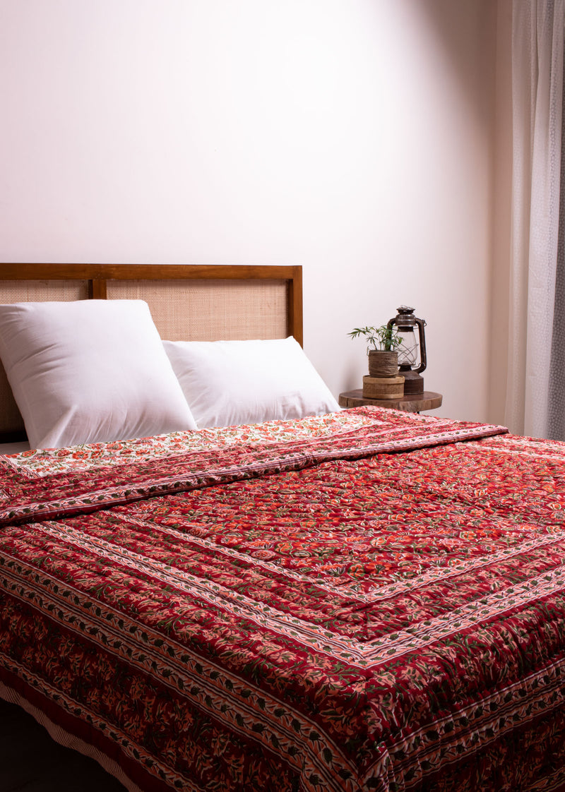 Summerdrops Red Hand Block Printed Cotton Bed Quilt
