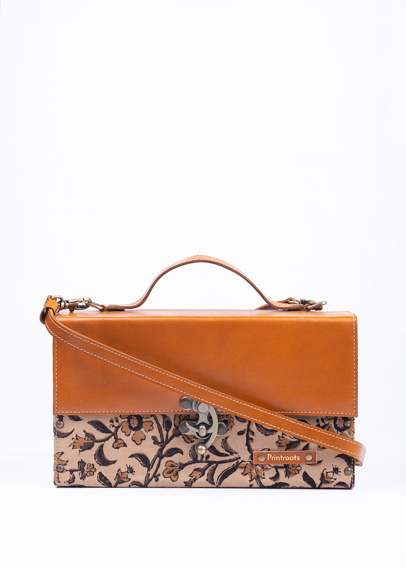Autumn Leaes Hand Block Printed Pine Wood Leather Sling Bag