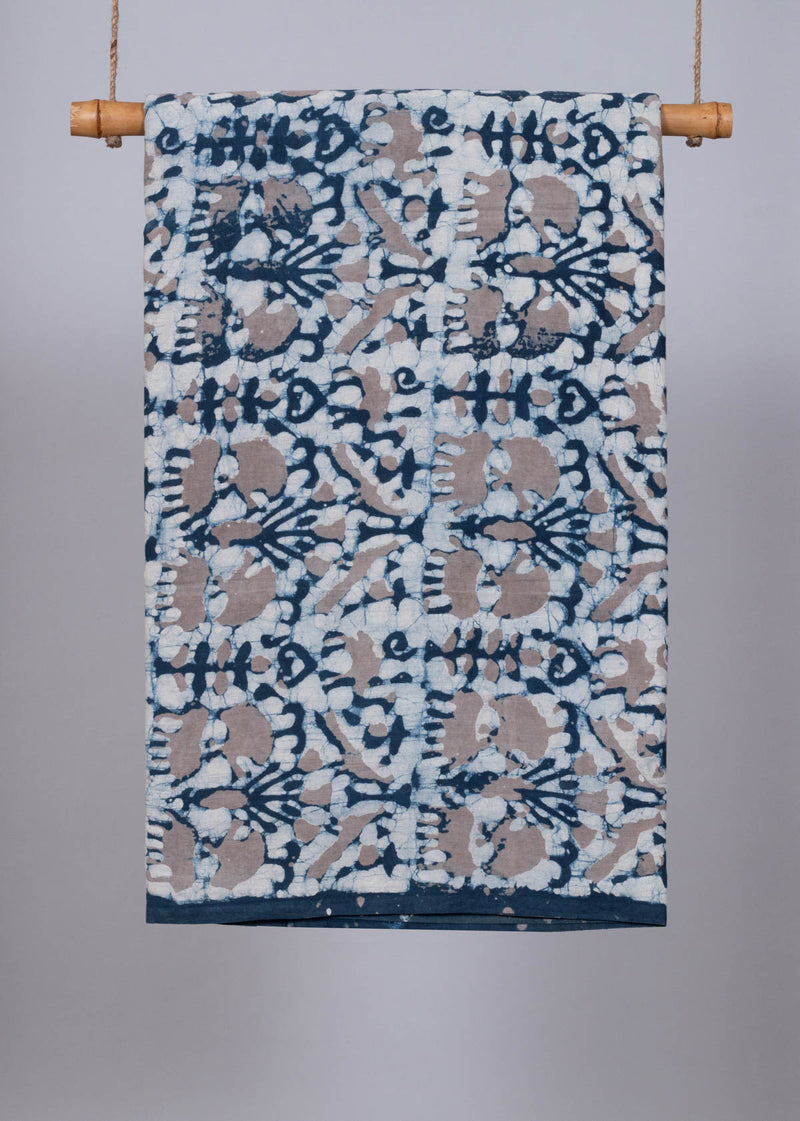 Dance of the wild  Prussian Blue and Grey  Hand Block Printed Cotton Mulmul Fabric