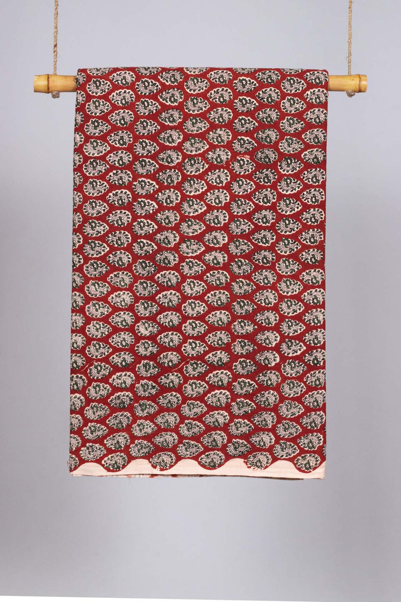 Dewdrop Red Mulmul Hand Block Printed Fabric (1.00 Meter)