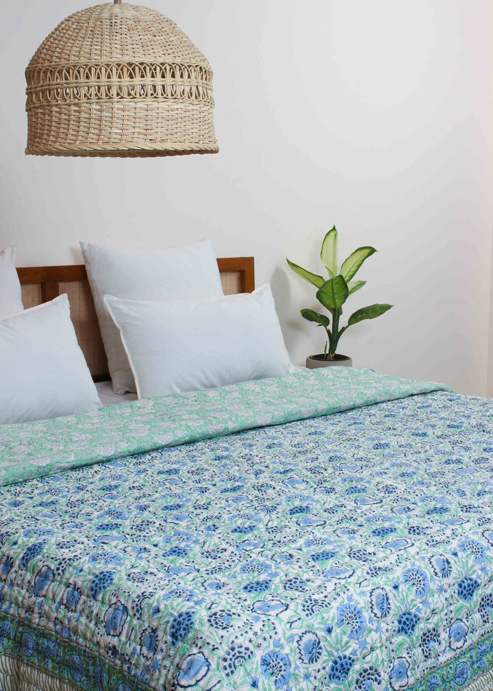 Aqua Romance Hand Block Printed Cotton Bed Quilt