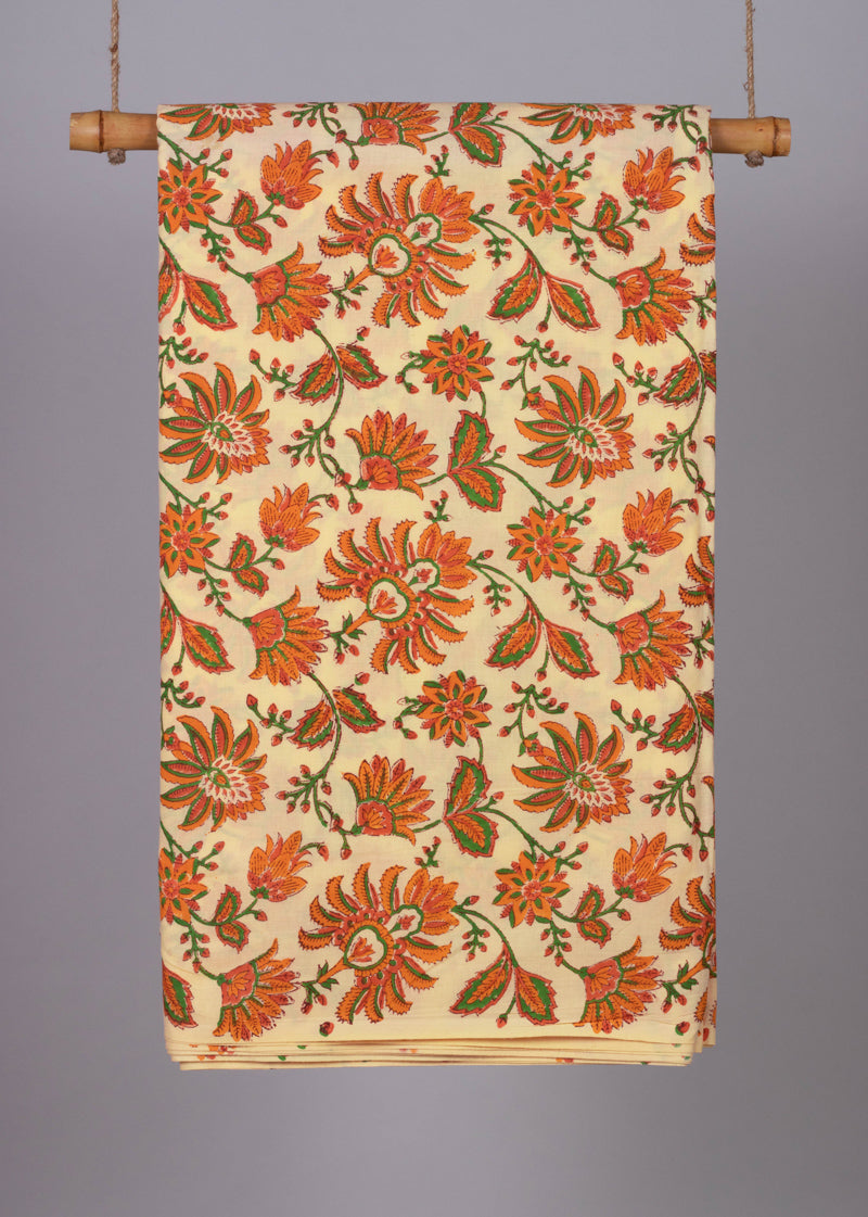 Breathing Florals Tangerine Hand Block Printed Cotton Fabric 3.30 Meter)