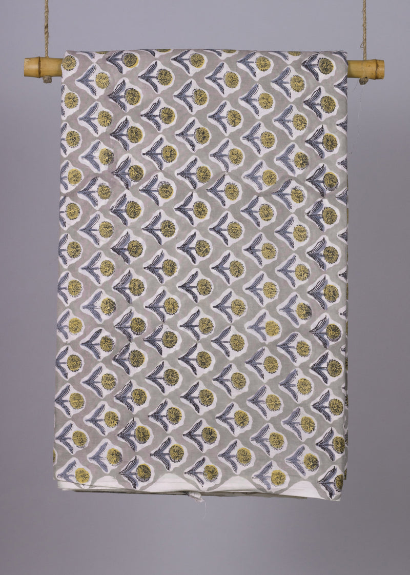 Wildings Gray Cotton Hand Block Printed Fabric (4.00 Meter)