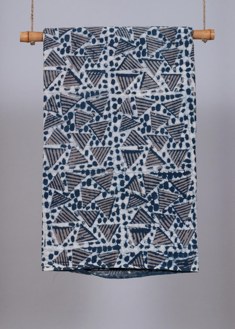 Illusory Triangles Indigo & Grey  Hand Block Printed Cotton Mulmul Fabric