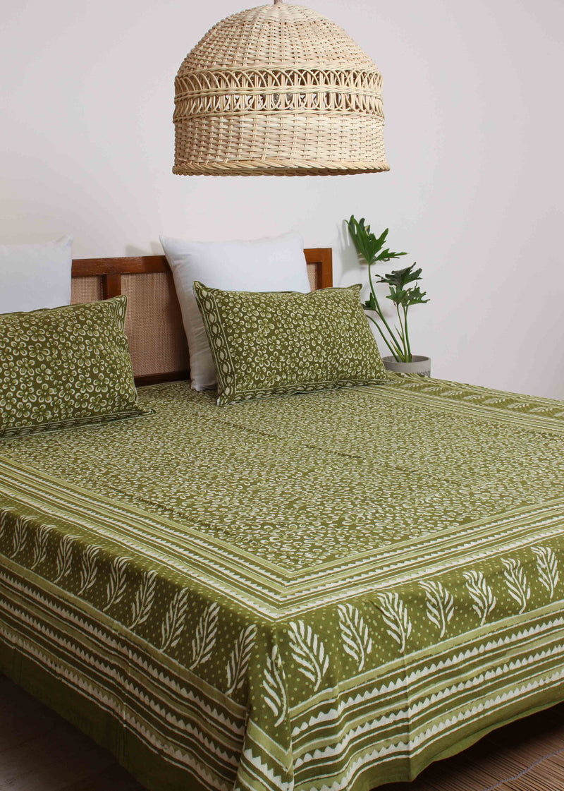 Golden Hour Glows Olive Green Cotton Hand Block Printed Bed Linens