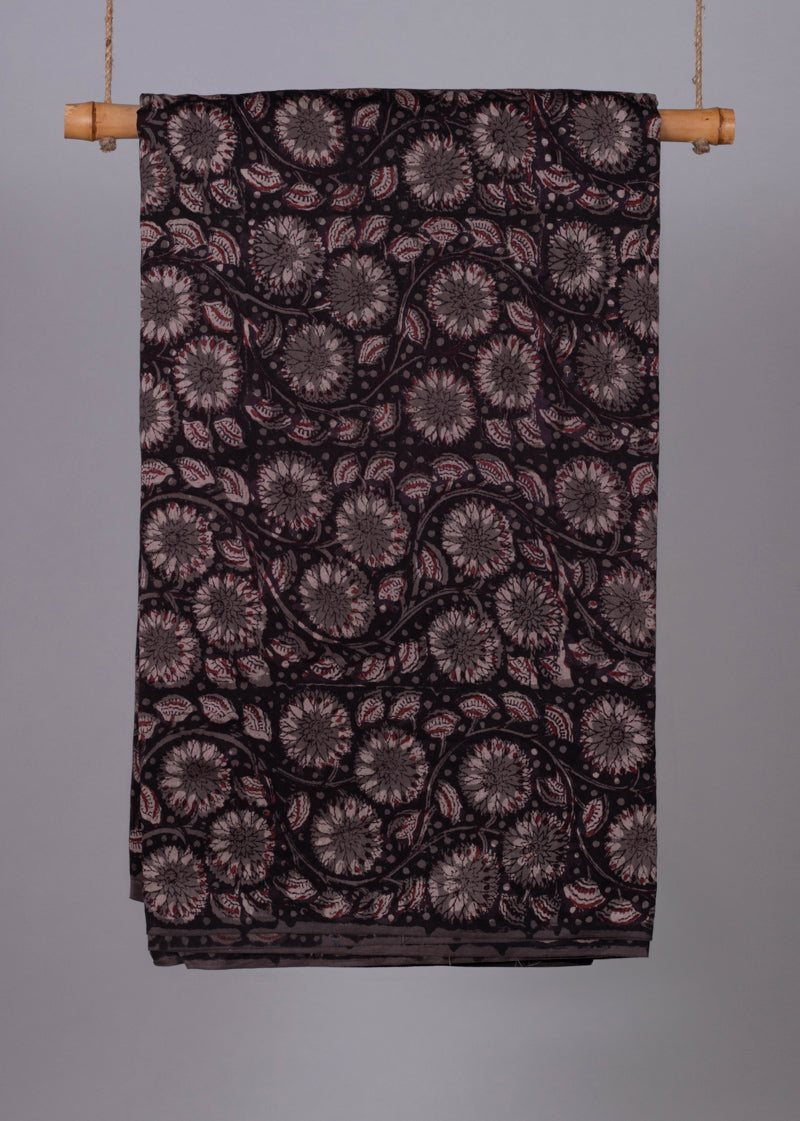 Moon Flowers Brown Chanderi Hand Block Printed Fabric (2.00 Meter)